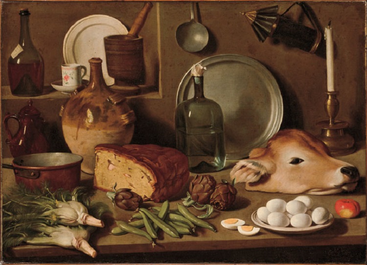 Carlo Magini  (Fano 1720-1806)  Natura morta con verdura, pane, testa di vitello e oggetti da cucina  1760-1800 circa
